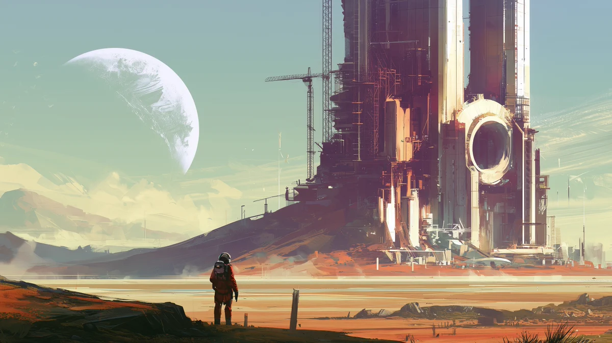 A lone explorer looks toward an enormous futuristic tower, with a planet rising over the desert.
